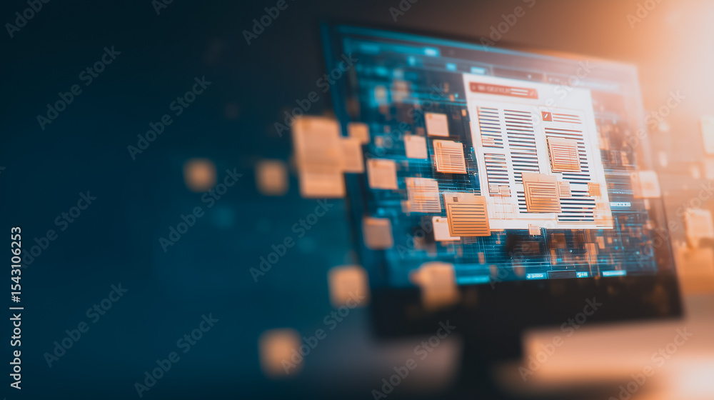 Aufkleber digital workspace: abstract image of computer monitor with digital cubes emerging, showcasing data f