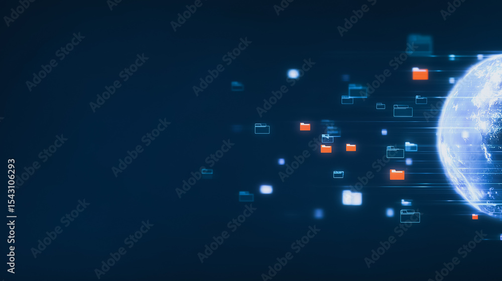 Poster global data network: a futuristic depiction of a digital globe with data packets streaming outwards.