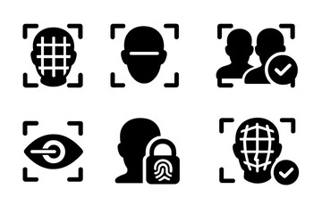 Facial Recognition Icons. Solid style icons of facial recognition and biometrics: face grid, scanning lines, match found icon, eye