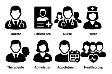 Healthcare User Icons. Solid style icons of healthcare users: doctor avatar, patient profile, medical team icon, nurse user,