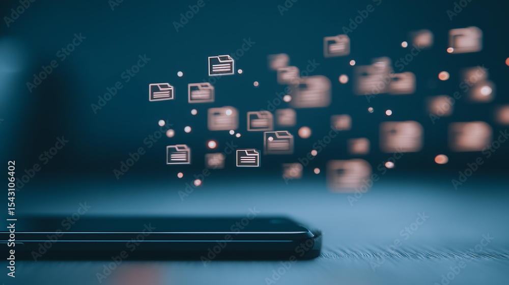 Poster digital files in motion: a smartphone with animated digital files symbolizes connectivity, showcasin