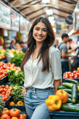 Smiling Woman Shopping for Fresh Produce at Market
