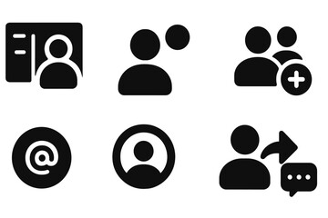 User Interaction Icons. Solid style icons of user interactions: user panel, active status, block icon, friend request. Solid style