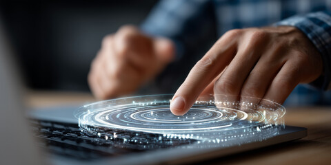  Hovering hand triggers holographic rings showing AI decision trees.
