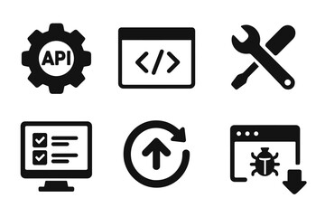 Stylized Developer Icons. Solid style icons of social platform development: API gear, code block, dev tools, test mode. Solid