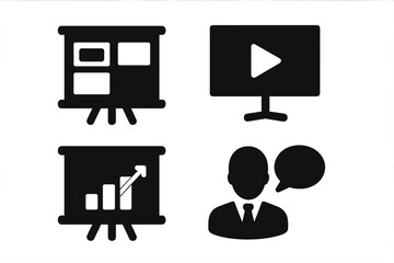 Social Media Icon Set. Solid style icons of social media presentations: slideshow tile, video preview, key slide, speaker bubble.