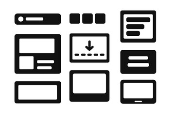 Fototapeta premium Solid UI Elements. Solid style icons of project interfaces: navigation bar, action buttons, list view, UI panel. Solid style of