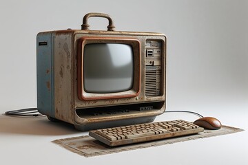 Aged PC Model Showcasing Retro Vintage Look with Isolated White Background