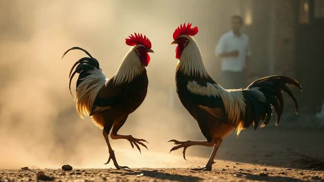 Roosters fighting in a dusty environment with sunlight backdrop  