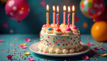 Festive birthday cake with vibrant decorations , occasion, streamers
