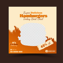 Super Delicious Cheese Hamburger Flyer and Social Media Food Ads Promotional Timeline Web Banner Design. Square Special Burger Menu For Fast Food Restaurant Business Marketing Template