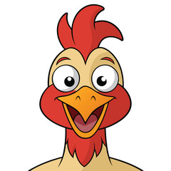 Cartoon chicken happily smiles, showcasing its red comb and bright yellow beak © Sonda