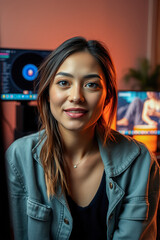 Smiling Woman in Front of Computer Screens