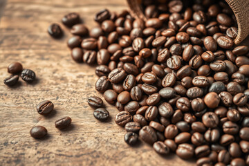 Roasted Coffee Beans Scattered on Wooden Surface