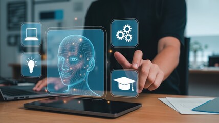 Digital interface displays a holographic human head with interconnected circuits.