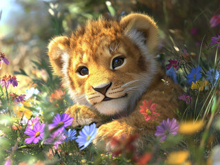 Artistic close-up of a fluffy lion in a blooming meadow - nature scene