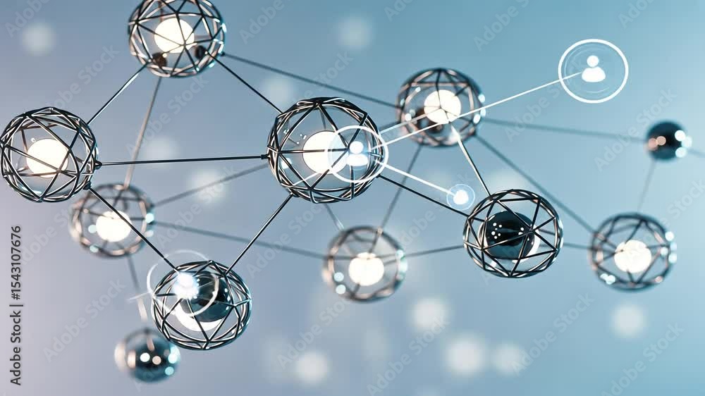 Poster complex network of interconnected spheres with chrome metallic finish on a gradient blue background 