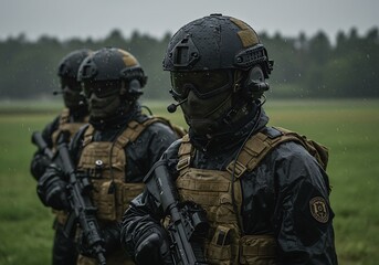Tactical team in rain gear, armed and ready on a green field