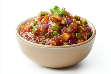 Spicy veggie relish Chakalaka served in a bowl against a clean white background