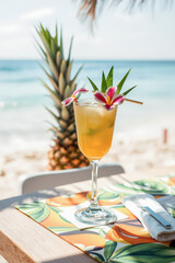 Tropical Beach Drink with Flowers