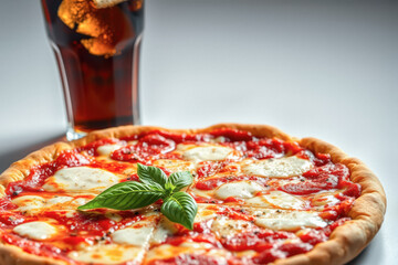 Delicious Pizza with Fresh Basil and Soda