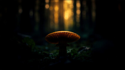 Orange mushroom glowing in a dark forest.