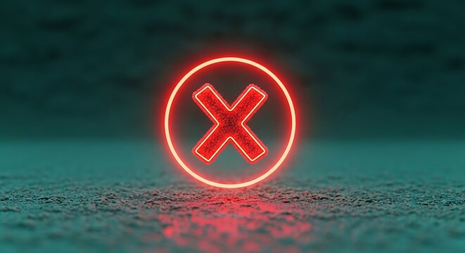 Neon Red X Symbol Glowing Rejection, Cancellation, Error, or Wrong Sign Concept