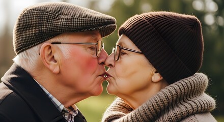 Senior couple kissing with love and affection outdoor