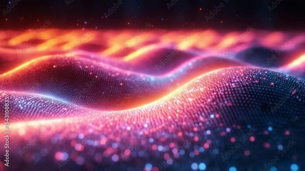 Poster Vibrant Abstract Wave: An artistic rendering of dynamic, glowing, shimmering waves, dancing and flowing with colorful, textured energy.