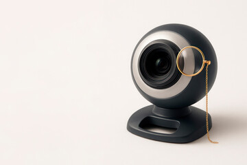Webcam with a gold monocle on a light background. Space for text.