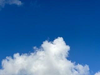Beautiful blue sky with white clouds. The sky was clear and bright, and clouds were scattered all...