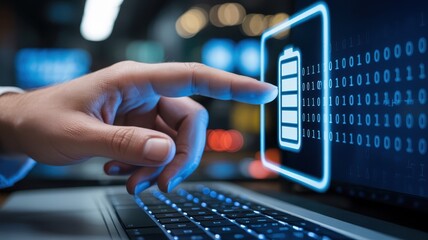 A hand pointing to a battery icon on a laptop screen.