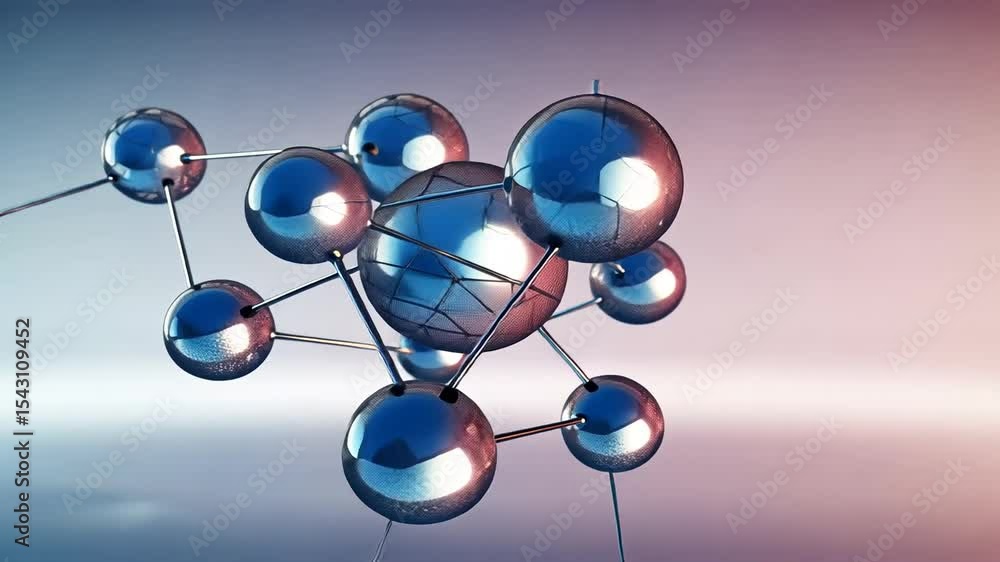 Poster abstract metallic spheres connected by thin lines in a soft blue and pink gradient background for sc