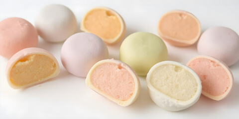 Fototapeta premium Pastel Mochi Ice Cream Halves Arranged on White Background