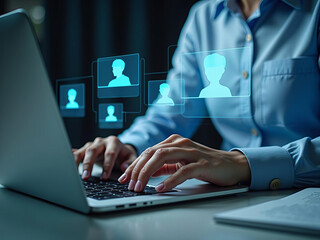 Business professional networking online, collaborating and managing virtual connections using modern digital communication technology at work
