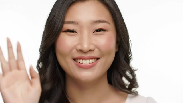 Hello, welcome. Portrait of happy young woman appear at the video waving hi with her palm, greeting with hospitable friendly smile Indoor studio shot isolated on white background 