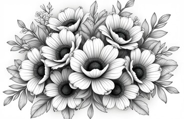 Black-and-white illustration featuring detailed floral arrangement with doodle style black outline. Bunch of blossoming flowers surrounded by leaves. Perfect for coloring book, greeting cards,