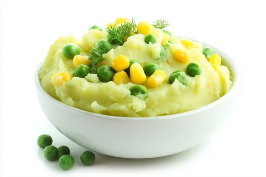 Delicious Irio featuring mashed potatoes blended with vibrant green peas and sweet corn on a sleek white background for a fresh presentation