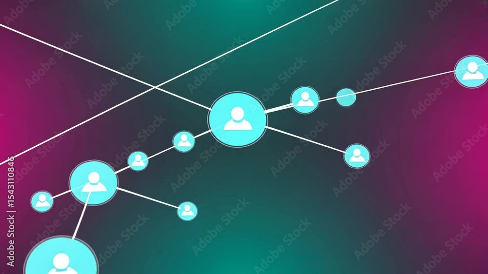 Poster abstract social network background with cyan circles and white lines on a purple to cyan gradient ba