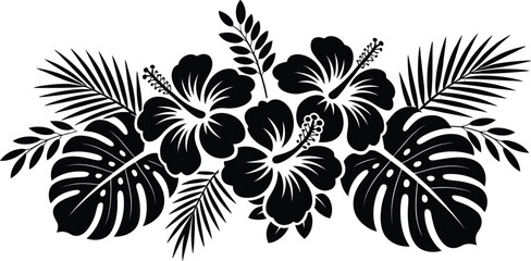 Black and white hibiscus flowers and palm leaves tropical arrangement