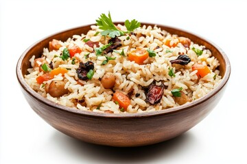 Delicious kabuli pilau featuring aromatic spiced rice accompanied by dried seafood and meat on a clean white background