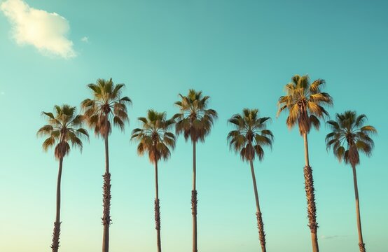 Row of tall palm trees against clear blue sky. Tropical vacation paradise, sunny day. Perfect scenic coastal background for travel tourism advertising campaign.