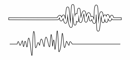 Music wave line sound one noise icon audio frequency signal podcast radio sound wave volume hand art. Acoustic line music logo record sound wave doodle sketch abstract. Vector illustration