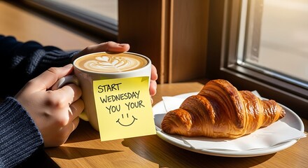 Woman holding coffee croissant wednesday morning