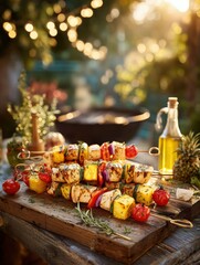Grilled skewers with chicken, tofu and vegetables on a wooden board in a garden setting at golden hour