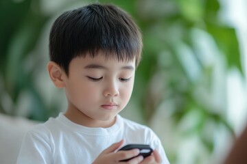 Asian boy looking at pulse oximeter reading, breathing deeply, soft background