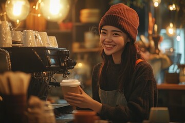 Asian barista smiling while serving hot coffee to customer in cozy cafÃ©, warm lighting