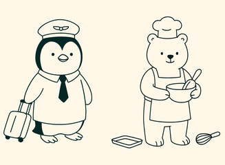 Cute Animal Professions Penguin Pilot & Bear Chef Line Art Illustration