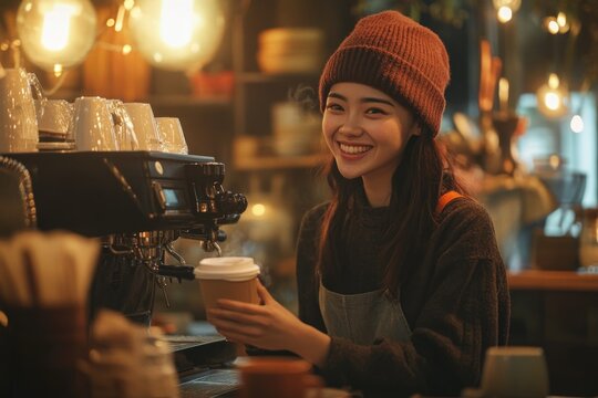 Asian barista smiling while serving hot coffee to customer in cozy café, warm lighting