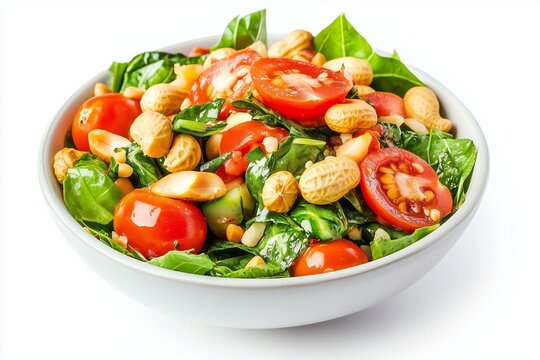 Delicious laphet thoke showcases pickled tea-leaf salad with fresh tomatoes and crunchy peanuts against a bright white background